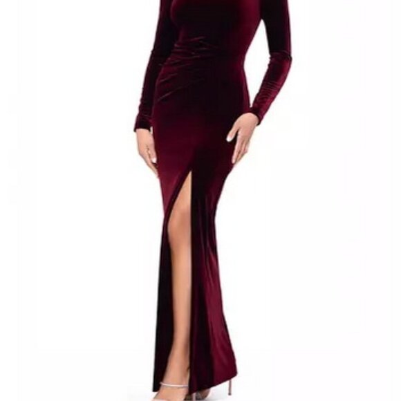 Xscape Burgundy Long-Sleeve Front-Slit Velvet Gown - Picture 2 of 6